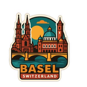 Op de afbeelding: Een sticker met een gestileerde illustratie van Basel, Zwitserland. Het ontwerp toont een brug, gebouwen en een zon, met de naam van de stad en het land eronder. Het kleurenpalet omvat oranje, turquoise en bruin. Een decoratief object.