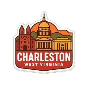 May include: A sticker featuring a stylized illustration of Charleston, West Virginia landmarks. The design includes a state capitol building, a church, and the text "CHARLESTON WEST VIRGINIA" in a red and white color scheme.