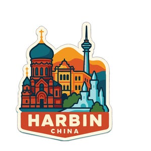 May include: A sticker featuring a stylized illustration of Harbin, China. The design includes a church with a blue dome, a tall tower, and other buildings, set against a backdrop of orange and blue. The word "HARBIN" is displayed in a red banner.