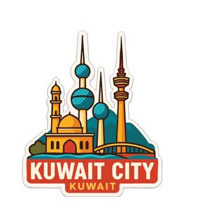 May include: A vibrant sticker showcasing Kuwait City's skyline. The design includes a mosque, the Kuwait Towers, and a bridge, set against a blue and green backdrop. The text "KUWAIT CITY" and "KUWAIT" are displayed in a red rectangle.