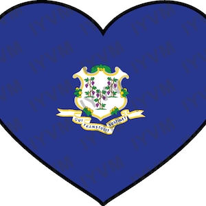 May include: A blue heart-shaped flag featuring the state seal of Connecticut. The seal depicts a white shield with a grapevine and the Latin motto "Qui Transtulit Sustinet".