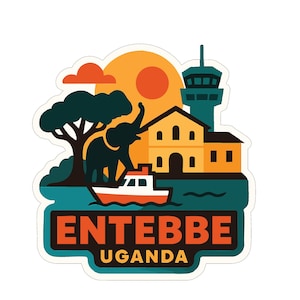 Könnte beinhalten: Ein Aufkleber mit einer farbenfrohen Illustration von Entebbe, Uganda. Das Design umfasst einen Elefanten, ein Boot, einen Baum, ein Gebäude und den Text "ENTEBBE UGANDA" in Orange und Weiß. Der Hintergrund zeigt eine Sonne und einen Kontrollturm.