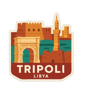 May include: A sticker depicting Tripoli, Libya, with a stylized illustration. The design includes a tan archway, a brown fortress, a minaret, and the text "TRIPOLI LIBYA" in white letters on a maroon background.