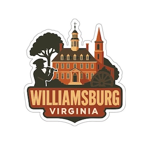 May include: A sticker depicting Williamsburg, Virginia. The design shows a colonial building, a tree, a person playing a flute, and the text "Williamsburg Virginia" in a banner. The sticker is a travel souvenir.