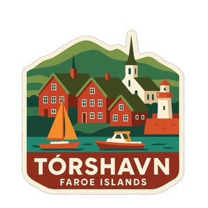 May include: A sticker featuring a scenic illustration of Tórshavn, Faroe Islands. The design includes red-roofed houses, a white church, a lighthouse, and boats on the water. The text "TÓRSHAVN" and "FAROE ISLANDS" are displayed.