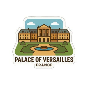 Op de afbeelding: Een sticker met het Paleis van Versailles in Frankrijk. De illustratie toont het paleis in geel en bruin, met een blauwe lucht en groene tuinen. De tekst onderaan luidt "Palace of Versailles France."