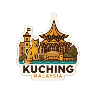 Może przedstawiać: Naklejka z wystylizowaną ilustracją Kuching, Malezja. Projekt zawiera złotego kota, budynek z charakterystycznym dachem i napis "KUCHING MALAYSIA". Paleta kolorów to złoto, brąz i niebieski.