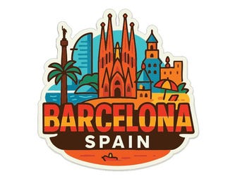 May include: A sticker featuring a colorful illustration of Barcelona, Spain. The design includes iconic landmarks like the Sagrada Familia, a palm tree, and a beach scene. The text "BARCELONA SPAIN" is prominently displayed in orange and red.
