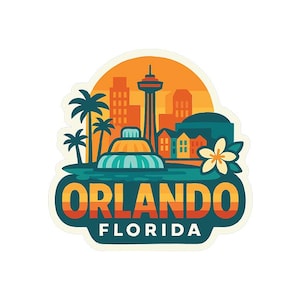 Op de afbeelding: Een kleurrijke sticker met een ontwerp van Orlando, Florida. Het ontwerp bevat een skyline met een hoge toren, palmbomen en een gestileerde fontein. Het woord "ORLANDO" staat prominent afgebeeld, met "FLORIDA" eronder.