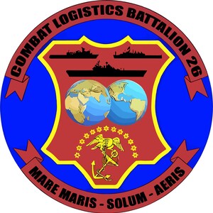 May include: A blue and red circular emblem with the text "Combat Logistics Battalion 26" around the edge. The center features a red shield with a yellow border, two globes, and a stylized eagle with an anchor. The text "Mare Maris - Solum - Aeris" is at the bottom.