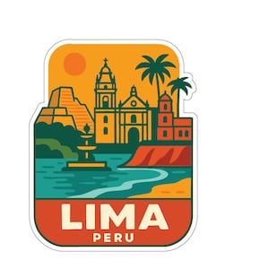 May include: A rectangular sticker featuring a stylized illustration of Lima, Peru. The design includes a pyramid, buildings, palm trees, a fountain, and the text "LIMA PERU" in a bold font, set against a sunset background.