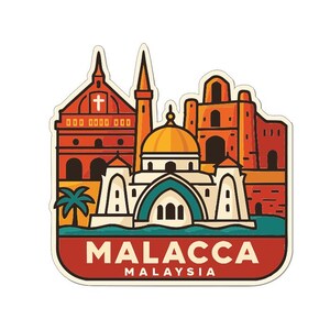 May include: A sticker depicting Malacca, Malaysia, with a colourful illustration of buildings, including a mosque and other structures. The text "MALACCA MALAYSIA" is displayed at the bottom of the design.