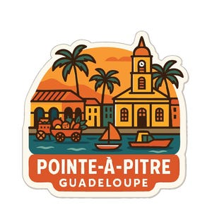 Könnte beinhalten: Ein Aufkleber mit einer stilisierten Illustration von Pointe-à-Pitre, Guadeloupe. Das Design umfasst Gebäude, Palmen, ein Segelboot und ein Boot, vor einem orangefarbenen Sonnenuntergang. Der Text lautet "POINTE-À-PITRE GUADELOUPE."