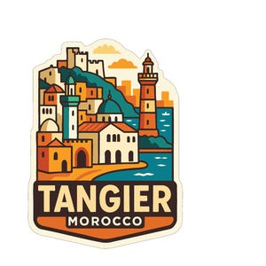 May include: A sticker featuring a stylized illustration of Tangier, Morocco. The design includes buildings, a lighthouse, and the text "TANGIER MOROCCO" in a brown and orange banner. The background is white.