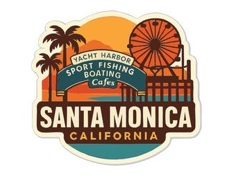 Calcomanía de vinilo troquelada de Santa Mónica, California, con diseño de silueta de ciudad.