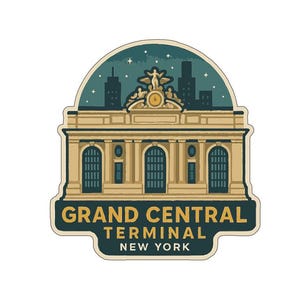Peut inclure: Un autocollant représentant la gare de Grand Central à New York. Le design comprend la façade du bâtiment, un ciel nocturne étoilé et le texte "GRAND CENTRAL TERMINAL NEW YORK" dans un style vintage.