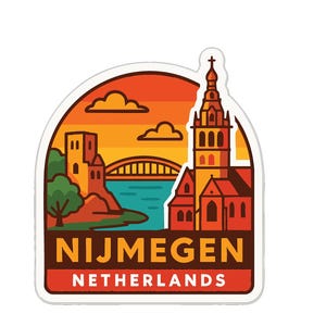 May include: A sticker featuring a stylized illustration of Nijmegen, Netherlands. The design includes a church, bridge, and buildings set against a sunset sky. The text "NIJMEGEN NETHERLANDS" is displayed at the bottom.