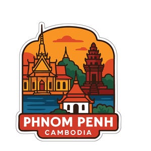 May include: A sticker featuring a colorful illustration of Phnom Penh, Cambodia. The design includes stylized depictions of temples and buildings against an orange and blue sky. The text "PHNOM PENH CAMBODIA" is displayed in a red banner.