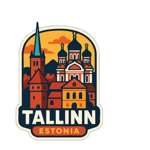 May include: A sticker featuring a stylized illustration of Tallinn, Estonia. The design includes buildings with red roofs, a tall church spire, and the text "TALLINN ESTONIA" in white and orange.