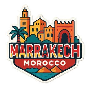 Può includere: Un adesivo con un'illustrazione stilizzata di Marrakech, Marocco. Il design include edifici, una palma e il testo "MARRAKECH MOROCCO" in un font audace e colorato. L'adesivo ha una forma a scudo con un bordo bianco.