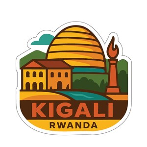 May include: A sticker featuring a stylized illustration of Kigali, Rwanda. The design includes a large, yellow beehive-shaped structure, buildings, a body of water, and a flame. The text "KIGALI RWANDA" is displayed in brown letters.