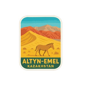 May include: A rectangular sticker depicting a desert scene with a brown donkey in the foreground. The background shows sand dunes, mountains, and a blue sky. The text "ALTYN-EMEL KAZAKHSTAN" is at the bottom of the image.
