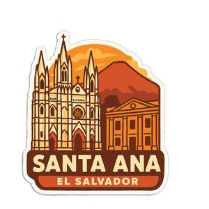 Può includere: Un adesivo raffigurante Santa Ana, El Salvador. Il design presenta una cattedrale, un edificio con colonne e una montagna, il tutto in tonalità marroni e arancioni. Il testo "SANTA ANA EL SALVADOR" è ben visibile.