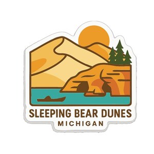 Calcomanía de vinilo troquelada de Sleeping Bear Dunes, Michigan, con diseño simbólico.