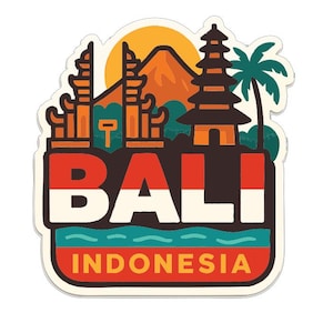 Może przedstawiać: Kolorowa naklejka z napisem "BALI" pogrubioną czcionką i "INDONESIA" poniżej. Projekt zawiera górę, pagodę, palmę i zachodzące słońce, wszystko w stylu kreskówkowym.