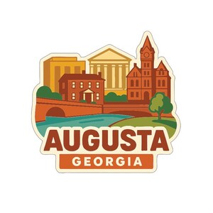 Puede incluir: Una pegatina con una ilustración estilizada de Augusta, Georgia. El diseño incluye edificios, un puente y un río, con el nombre de la ciudad en negrita. La paleta de colores incluye tonos de marrón, naranja y verde.