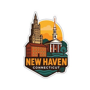 May include: A sticker featuring a stylized illustration of New Haven, Connecticut. The design includes a tall building, a church, and the text "NEW HAVEN CONNECTICUT" in a bold font, set against a sunset.