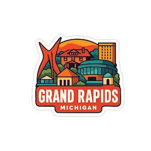 May include: A sticker featuring a stylized illustration of Grand Rapids, Michigan. The design includes buildings, a sunset, and the text "GRAND RAPIDS MICHIGAN" in a red and white banner.