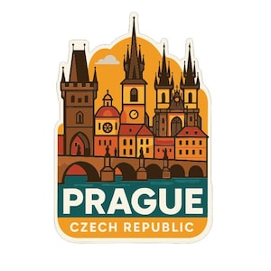 May include: A sticker featuring a stylized illustration of Prague, Czech Republic. The design showcases the city's architecture, including a bridge and buildings in shades of brown, orange, and yellow, with the word "PRAGUE" in bold letters.