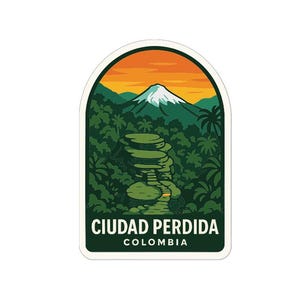 May include: A sticker with a landscape design depicting a mountain, jungle, and the text "CIUDAD PERDIDA COLOMBIA." The image shows a mountain with a snowy peak, dense green foliage, and a layered stone structure.