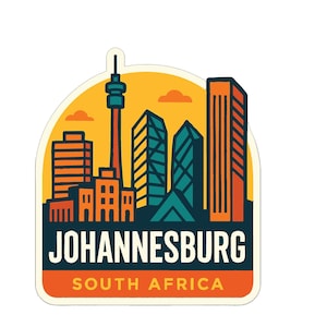 May include: A sticker featuring a stylized cityscape of Johannesburg, South Africa. The design includes iconic buildings and the text "JOHANNESBURG SOUTH AFRICA" in a bold font, set against a yellow and orange background.