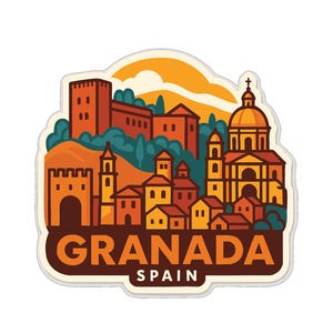 Könnte beinhalten: Ein farbenfroher Aufkleber mit einer stilisierten Illustration von Granada, Spanien. Das Design umfasst Gebäude, eine Burg und den Text "GRANADA SPAIN" in brauner Schrift. Der Hintergrund hat ein Sonnenuntergangsdesign.