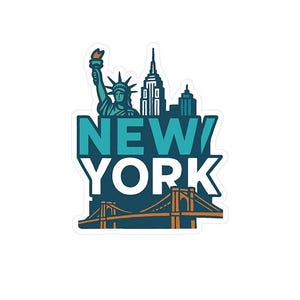 May include: A sticker with a teal and white design of New York City landmarks. The Statue of Liberty, skyscrapers, and a bridge are shown above the words "NEW YORK". The design has a vintage, travel-themed aesthetic.
