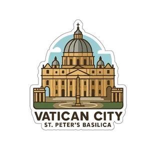 Op de afbeelding: Een sticker met een cartoon illustratie van de Sint-Pietersbasiliek in Vaticaanstad. Het gebouw is bruin met een grote koepel en staat tegen een blauwe lucht. De tekst "VATICAN CITY ST. PETER'S BASILICA" staat onderaan.