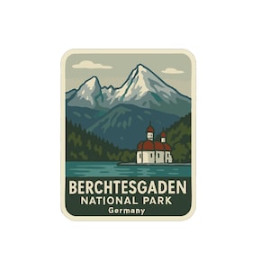 May include: A rectangular sticker depicting Berchtesgaden National Park in Germany. The image shows mountains, a lake, a church, and the park's name in white text on a dark green background.