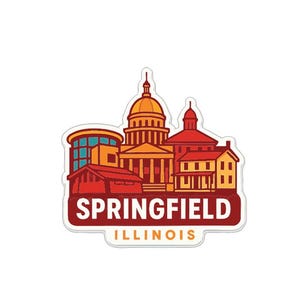 May include: A sticker featuring a stylized illustration of Springfield, Illinois, with buildings in shades of orange, red, and yellow. The word "SPRINGFIELD" is in a white font on a red banner, with "ILLINOIS" below in yellow.