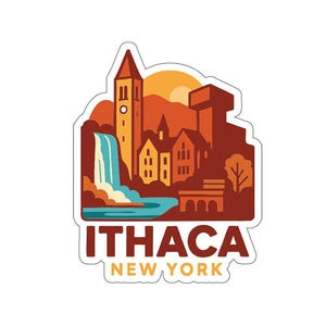 Puede incluir: Una pegatina con una ilustración estilizada de Ithaca, Nueva York. El diseño incluye una cascada, edificios y el texto "ITHACA NEW YORK" en negrita, con una paleta de colores cálidos de naranjas, marrones y azules.