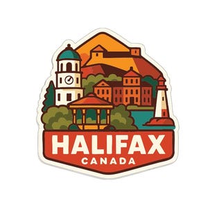 May include: A sticker featuring a stylized illustration of Halifax, Canada. The design includes a clock tower, buildings, a gazebo, a lighthouse, and the text "HALIFAX CANADA" in a red and white color scheme, set against a white background.