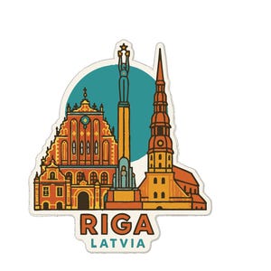 May include: A sticker featuring a colorful illustration of Riga, Latvia. The design includes iconic buildings, a monument, and the text "RIGA LATVIA" in a stylized font. The buildings are in shades of orange and yellow.