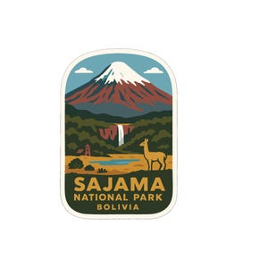 May include: A rectangular sticker featuring a mountain with a snow-capped peak, a waterfall, and a llama. The sticker has the text "SAJAMA NATIONAL PARK BOLIVIA" in a gold color.