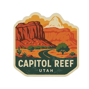 Calcomanía de vinilo troquelada de Capitol Reef, Utah, con diseño simbólico de monumento.