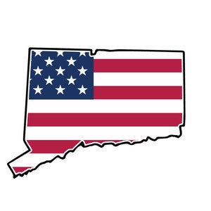 May include: An outline of the state of Connecticut filled with the colours of the American flag. The stars are blue on a dark blue field, and the stripes are red and white.