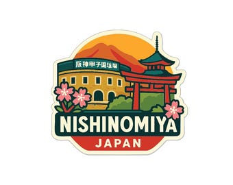 May include: A sticker featuring a colorful illustration of Nishinomiya, Japan. The design includes a stadium, a traditional Japanese gate, cherry blossoms, and the text "NISHINOMIYA JAPAN" in a bold font, set against a sunset.