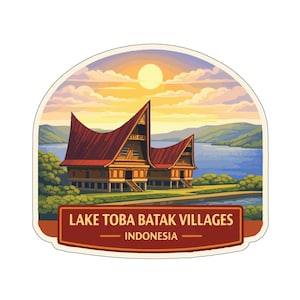 Op de afbeelding: Een sticker met een illustratie van de Batakdorpen van het Tobameer in Indonesië. De afbeelding toont traditionele huizen met rode daken, tegen een achtergrond van een meer, bergen en een zonsondergang. Tekst: "Lake Toba Batak Villages - Indonesia."