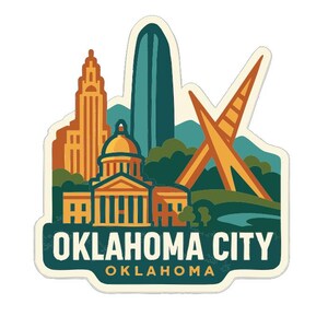 May include: A sticker featuring a stylized illustration of the Oklahoma City skyline. The design includes a tall skyscraper, a domed building, and an orange architectural structure, with the text "OKLAHOMA CITY OKLAHOMA".