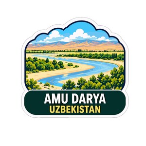 May include: A die-cut sticker featuring a landscape illustration of the Amu Darya river winding through green trees and sandy banks, with distant mountains under a blue sky with white clouds. The text AMU DARYA UZBEKISTAN is printed in white and yellow.